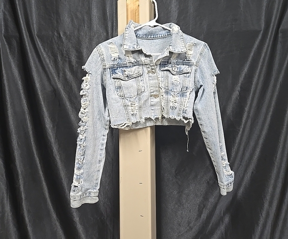 Distressed Light Blue Denim Crop Top Jacket - Picture 1 of 7